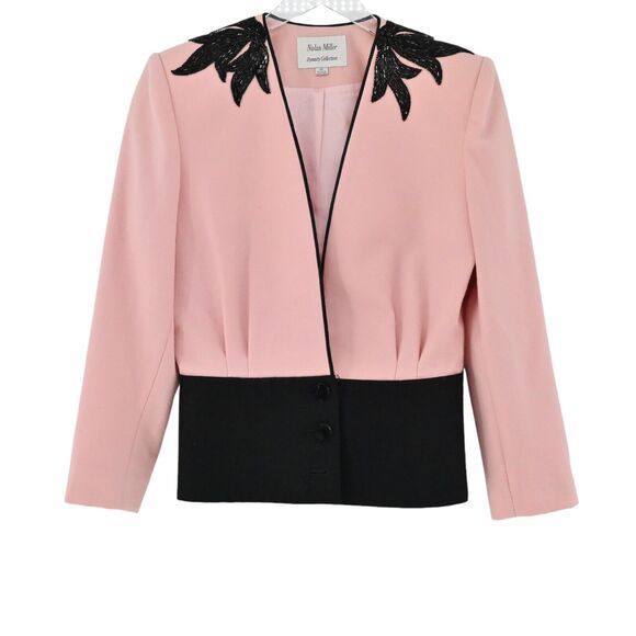 Vtg NOLAN MILLER Blazer Womens Size 10 Dynasty Collection Beaded Pink Black Wool - Picture 1 of 16